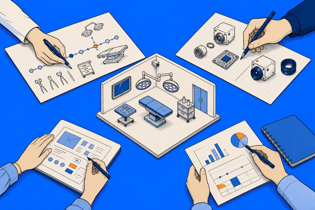 Illustration of team collaboration around surgical operating room blueprints and data analytics