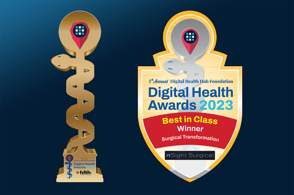 Digital Health Awards 2023 Best in Class trophy and shield graphic for nSight Surgical