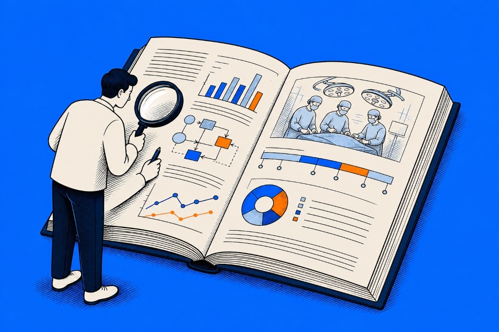 Illustration of research paper review with magnifying glass for surgical intelligence